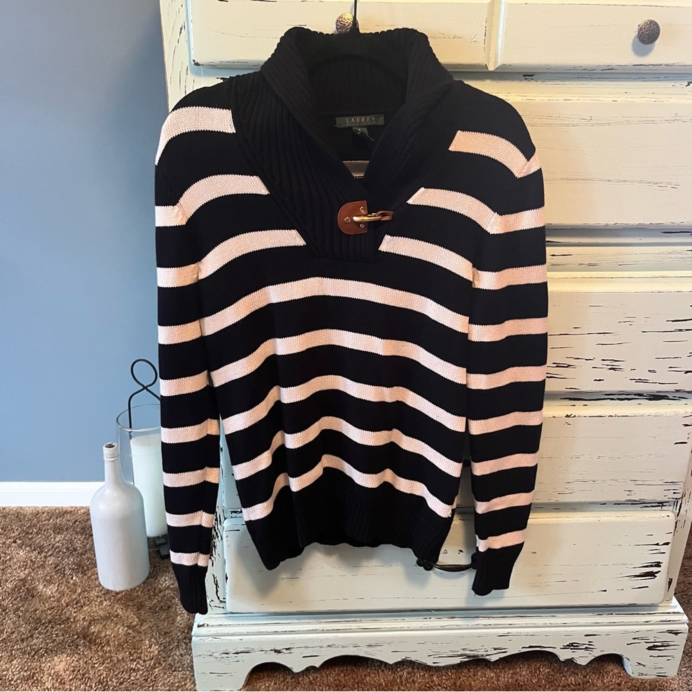 Lauren Ralph Lauren Black and White Sweater with Toggle. Womens size large.